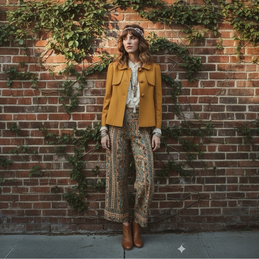 Dialogue Anthro jacket coat mustard yellow cape pleated 70s fashion fun rare S